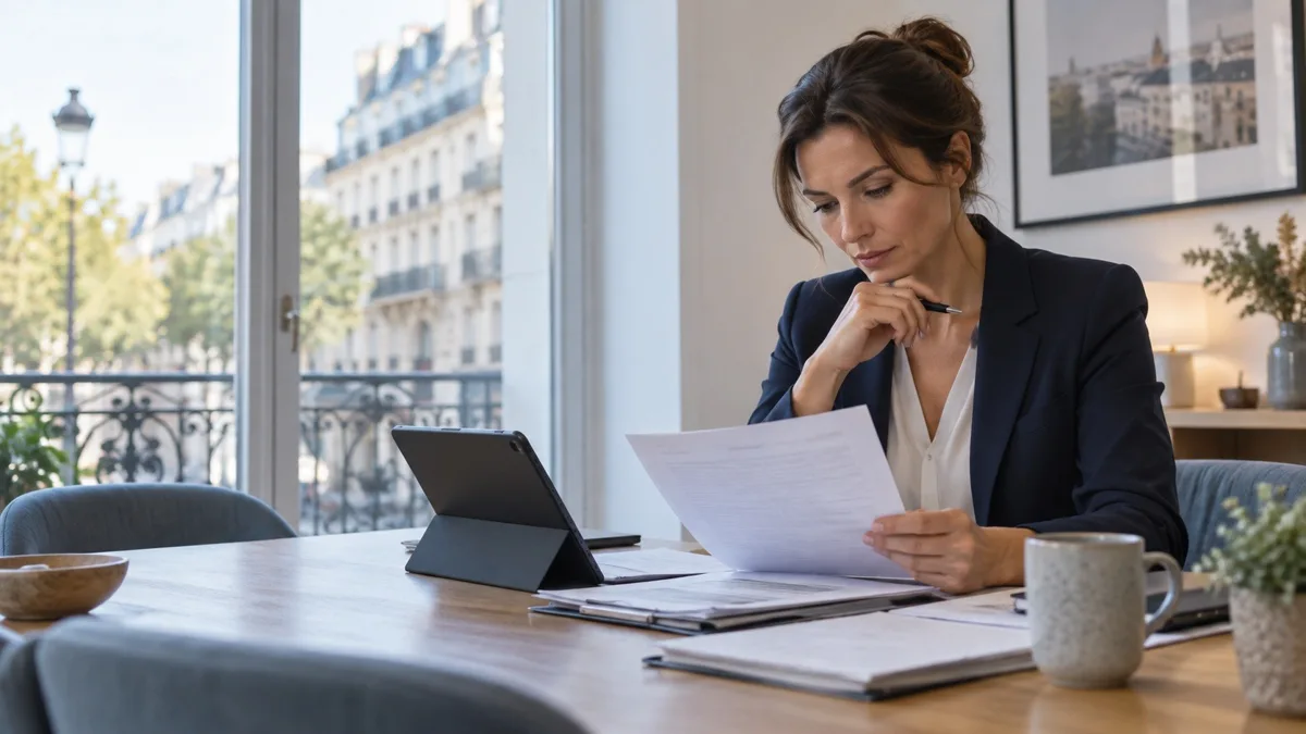 Agente immobilière examinant un dossier de mise en location dans un appartement lumineux