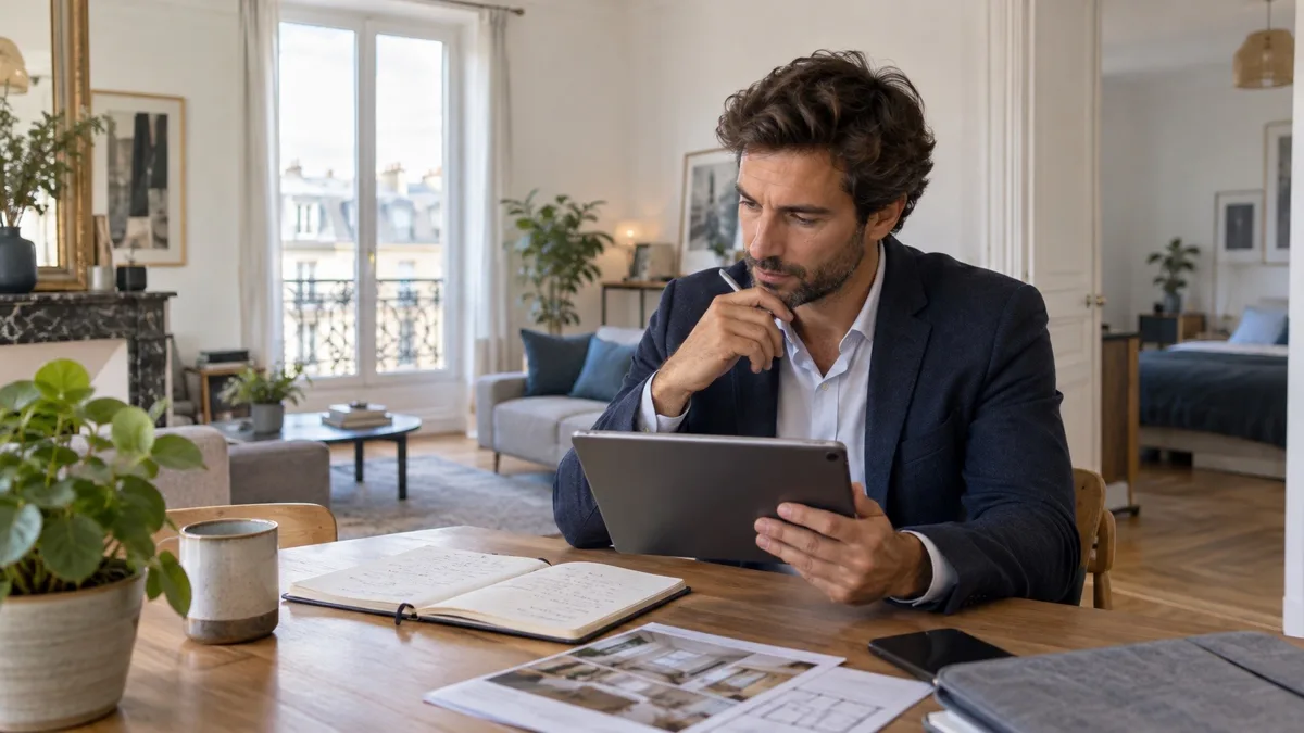 Conseiller immobilier contrôlant un compte rendu de visite sur une tablette