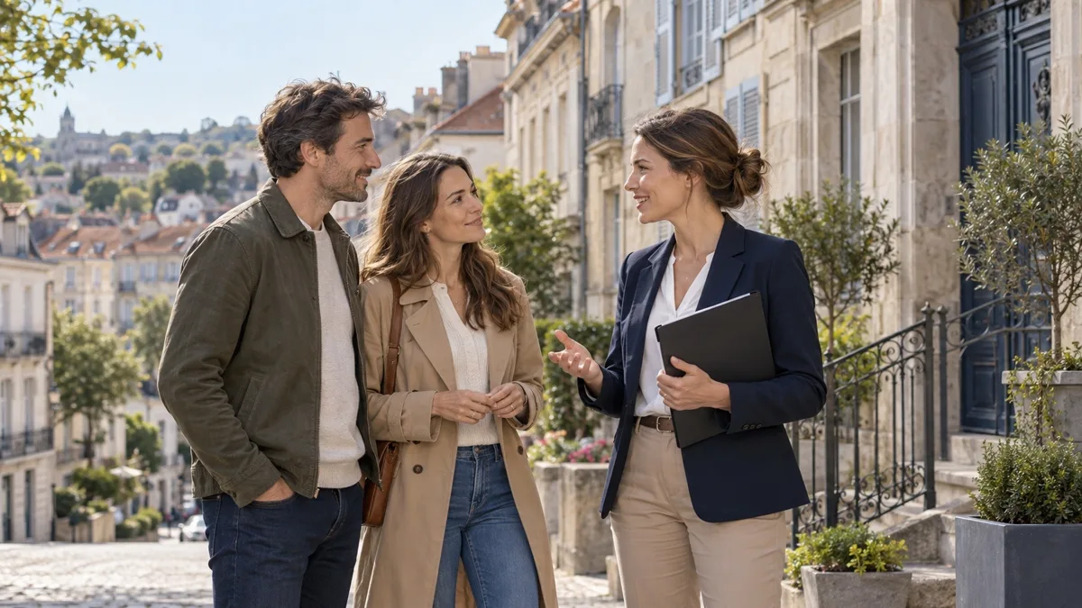 Conseillère immobilière indépendante échangeant avec un couple dans une rue résidentielle de Limoges