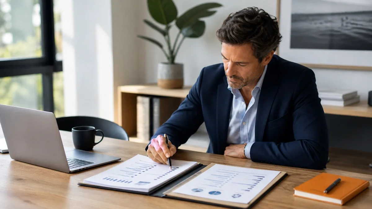 Conseiller immobilier comparant deux réseaux avant d’organiser sa transition professionnelle