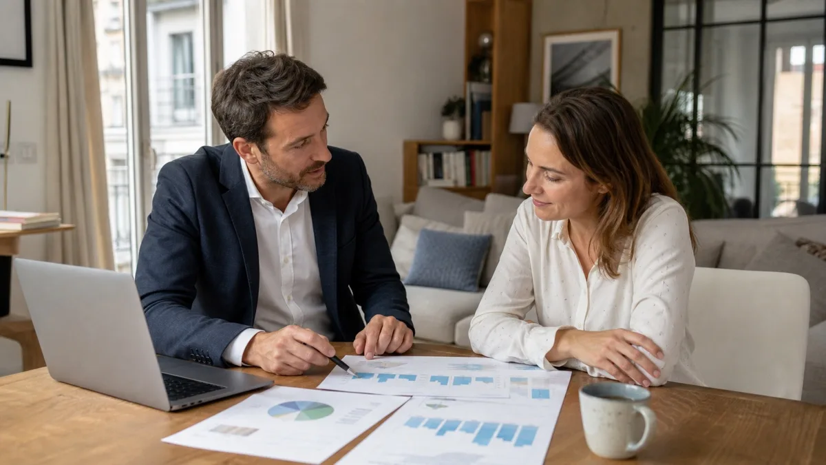 Conseiller immobilier analysant les chiffres du marché français avec une cliente dans un appartement lumineux