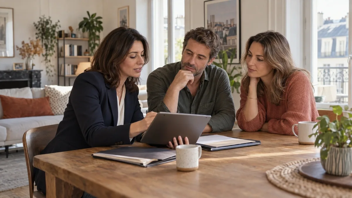 Conseillère immobilière expliquant un mandat électronique à deux propriétaires à leur domicile
