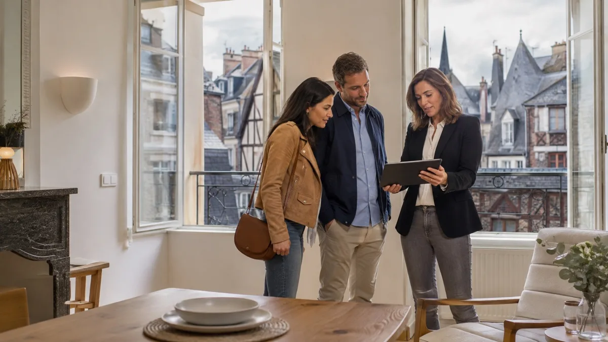 Conseillère immobilière indépendante présentant un appartement à un couple devant les toits de Rouen
