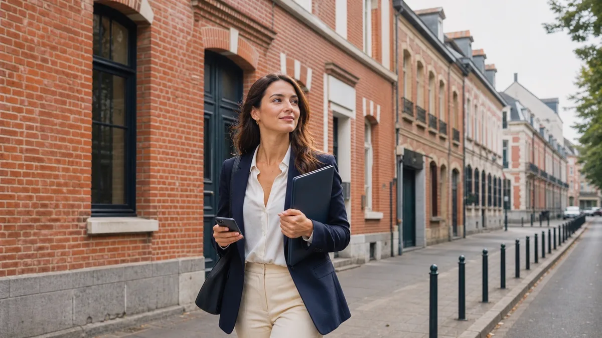 Conseillère immobilière indépendante se rendant à un rendez-vous dans une rue de Lille