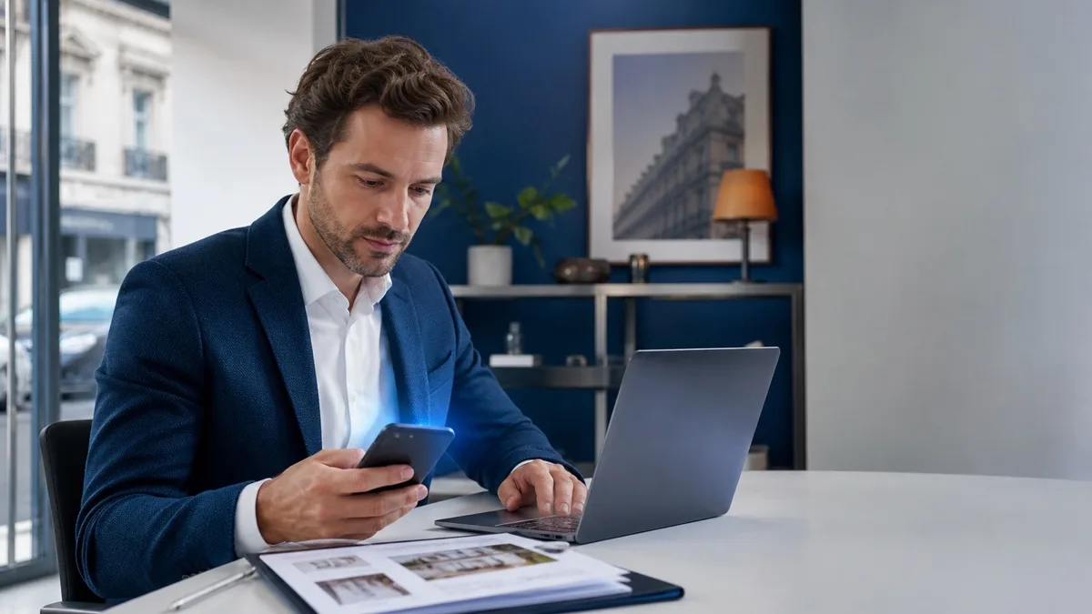 Conseiller immobilier sécurisant l’accès à son logiciel métier avec son smartphone dans une agence moderne