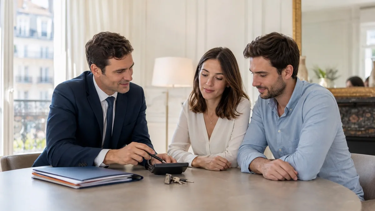 Agent immobilier expliquant un avis de taxe foncière à une propriétaire