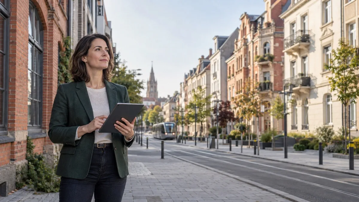 Conseillère immobilière indépendante dans une rue de Mulhouse