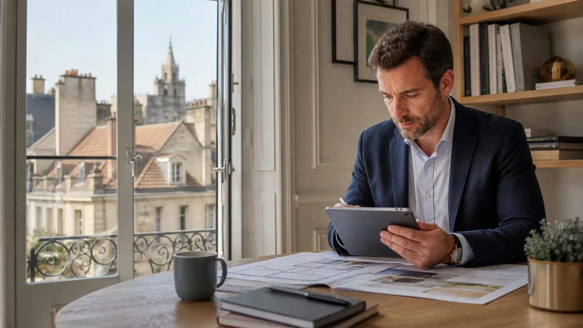 Conseiller immobilier indépendant travaillant sur une estimation dans un appartement lumineux à Dijon