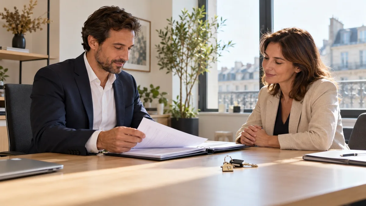 Deux professionnels de l'immobilier préparant la transmission d'un dossier lors d'une fin de collaboration