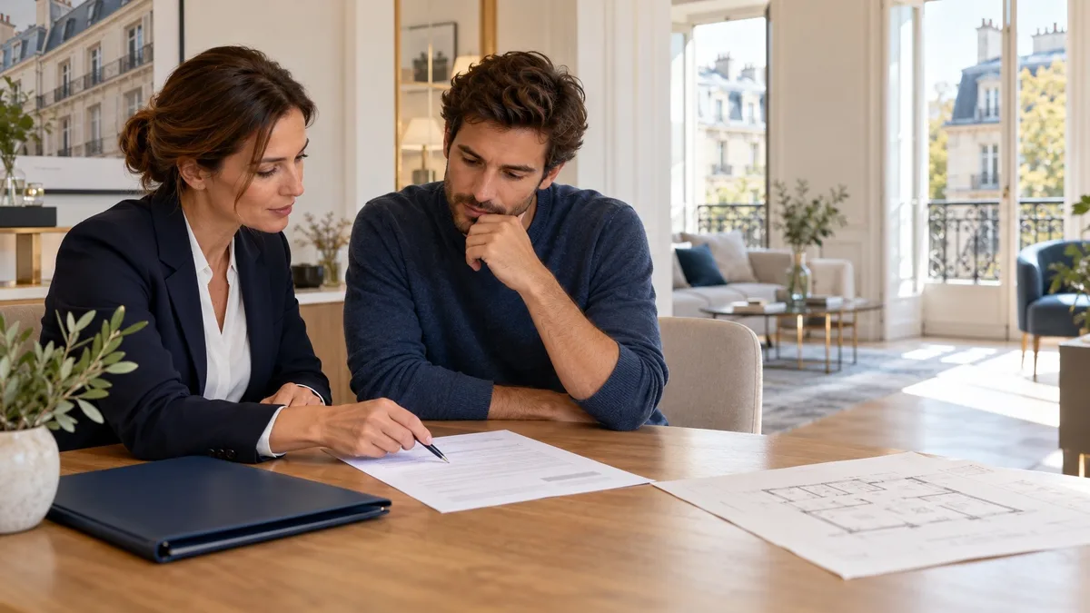 Agent immobilier examinant une offre d’achat avec une acquéreuse