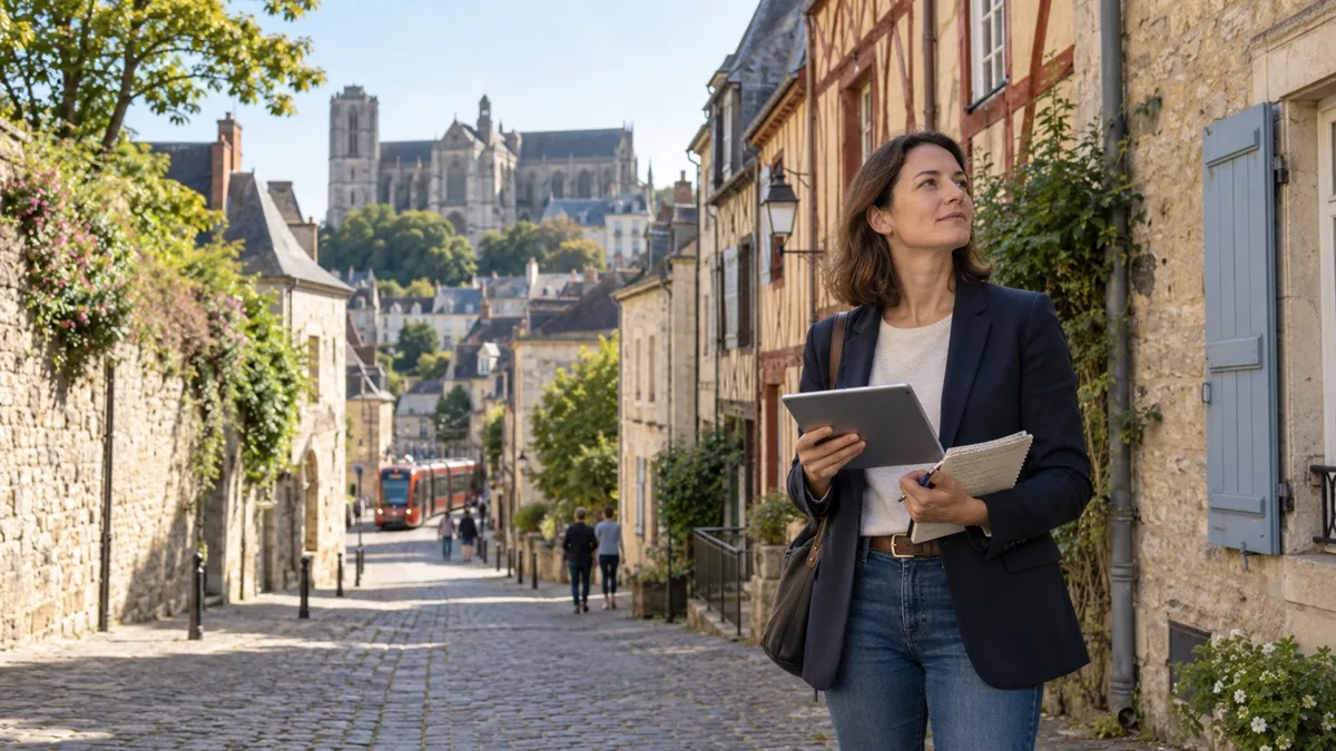 Conseillère immobilière indépendante étudiant les immeubles d’un quartier du Mans