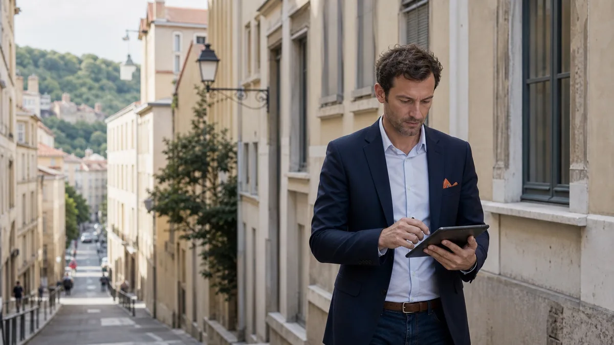 Conseiller immobilier indépendant préparant un rendez-vous dans une rue résidentielle de Lyon
