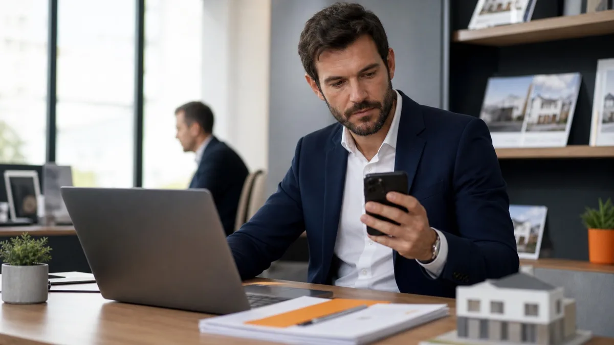 Conseiller immobilier vérifiant le consentement d’un prospect avant un appel commercial