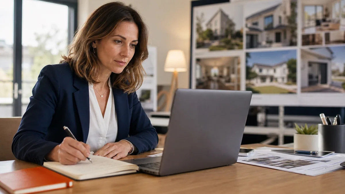 Conseillère immobilière utilisant un assistant IA pour préparer le suivi de ses clients