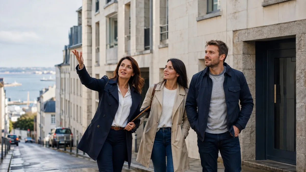 Conseillère immobilière indépendante présentant un immeuble à un couple à Brest