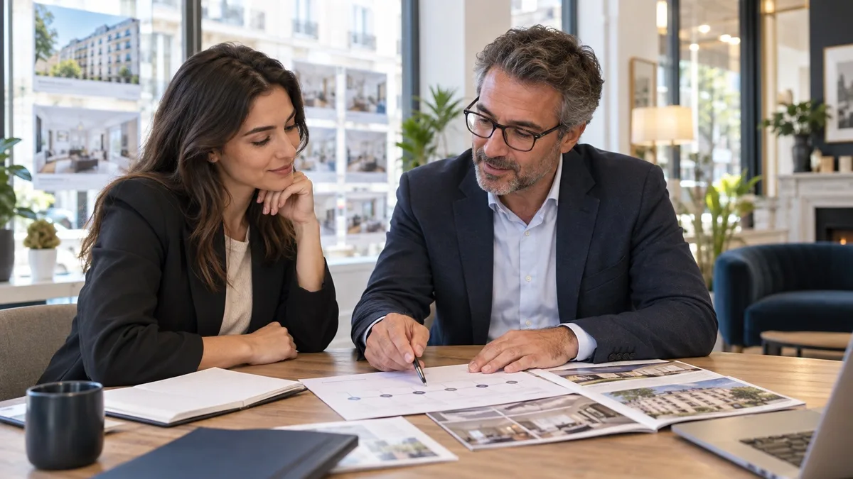 Candidate échangeant avec un professionnel sur les parcours pour devenir agent immobilier