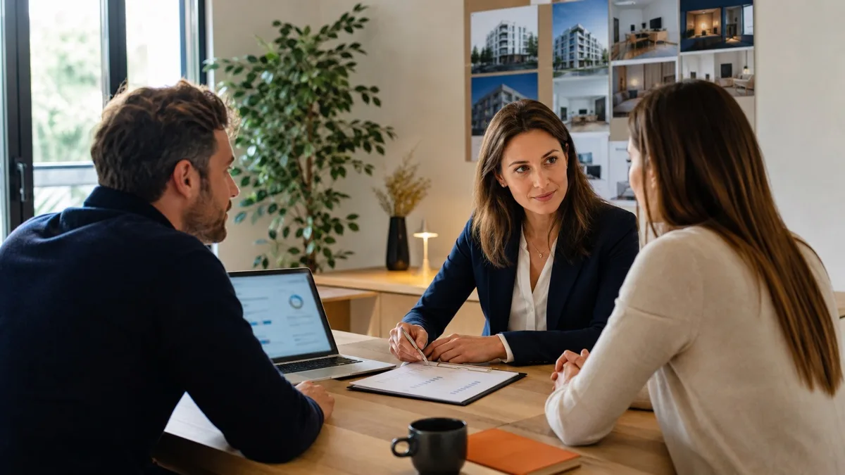 Conseillère immobilière échangeant avec un couple d’acquéreurs à partir d’informations structurées