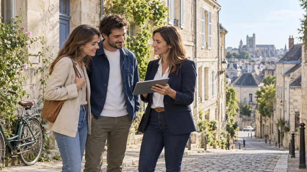 Conseillère immobilière indépendante présentant un bien à un couple dans une rue de Poitiers