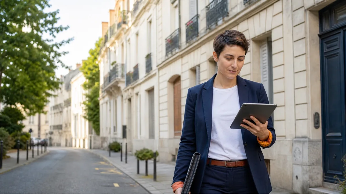 Professionnelle de l’immobilier indépendante travaillant dans une rue résidentielle de Nantes