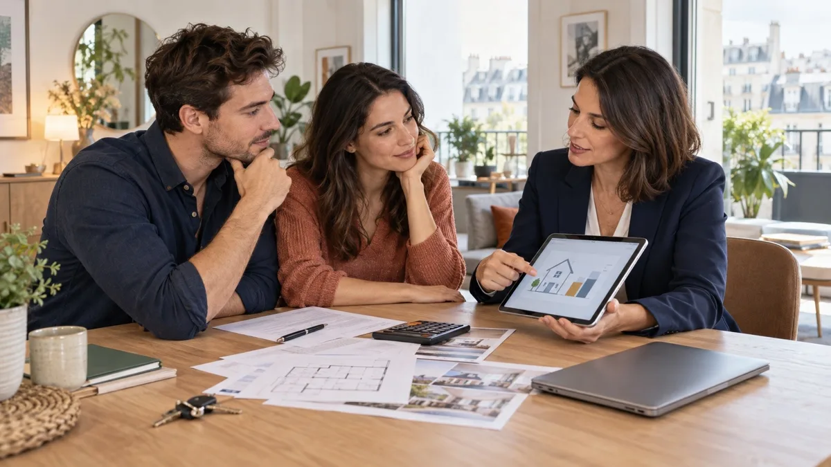 Conseillère immobilière préparant un dossier de financement avec un couple de primo-accédants
