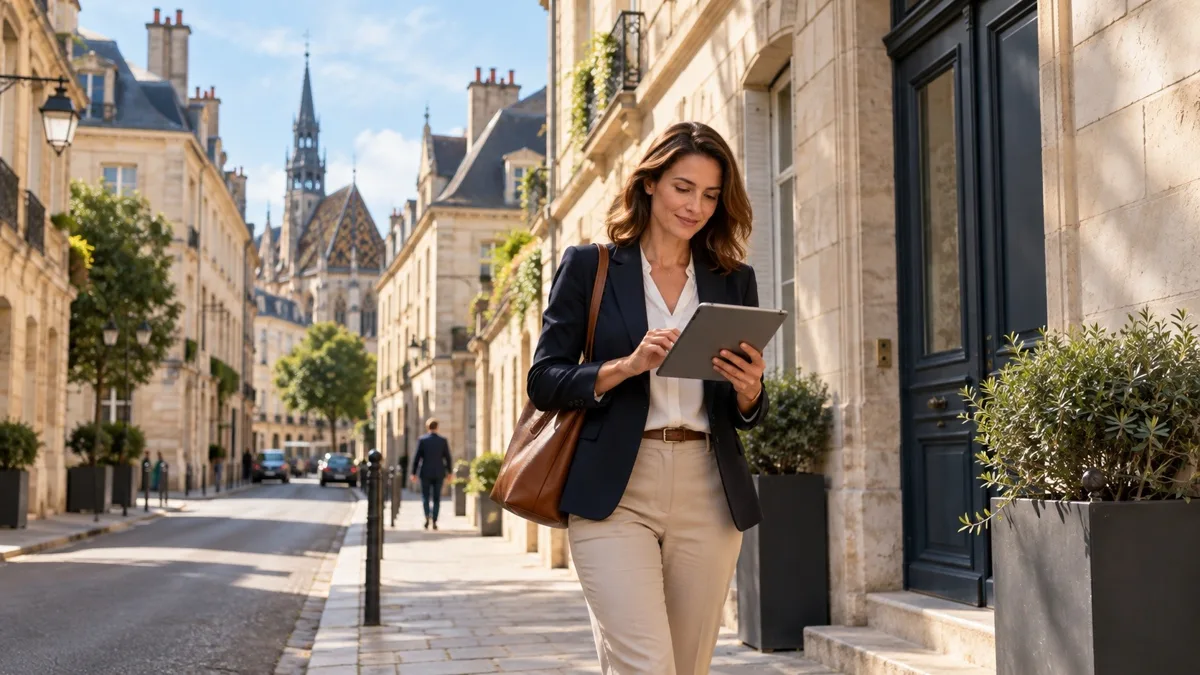 Conseillère immobilière indépendante consultant une tablette dans une rue de Besançon