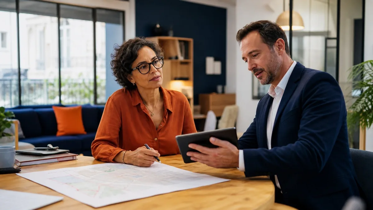 Professionnelle en reconversion après 40 ans préparant son projet immobilier avec un conseiller expérimenté