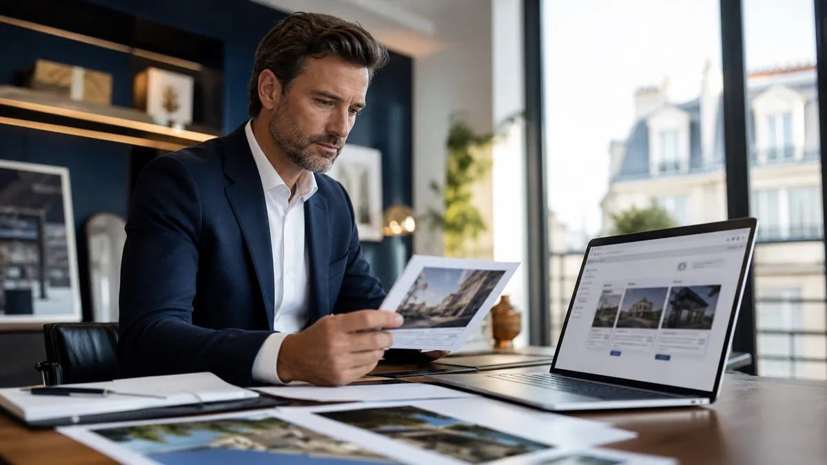 Professionnel de l’immobilier vérifiant un contenu assisté par intelligence artificielle dans son bureau