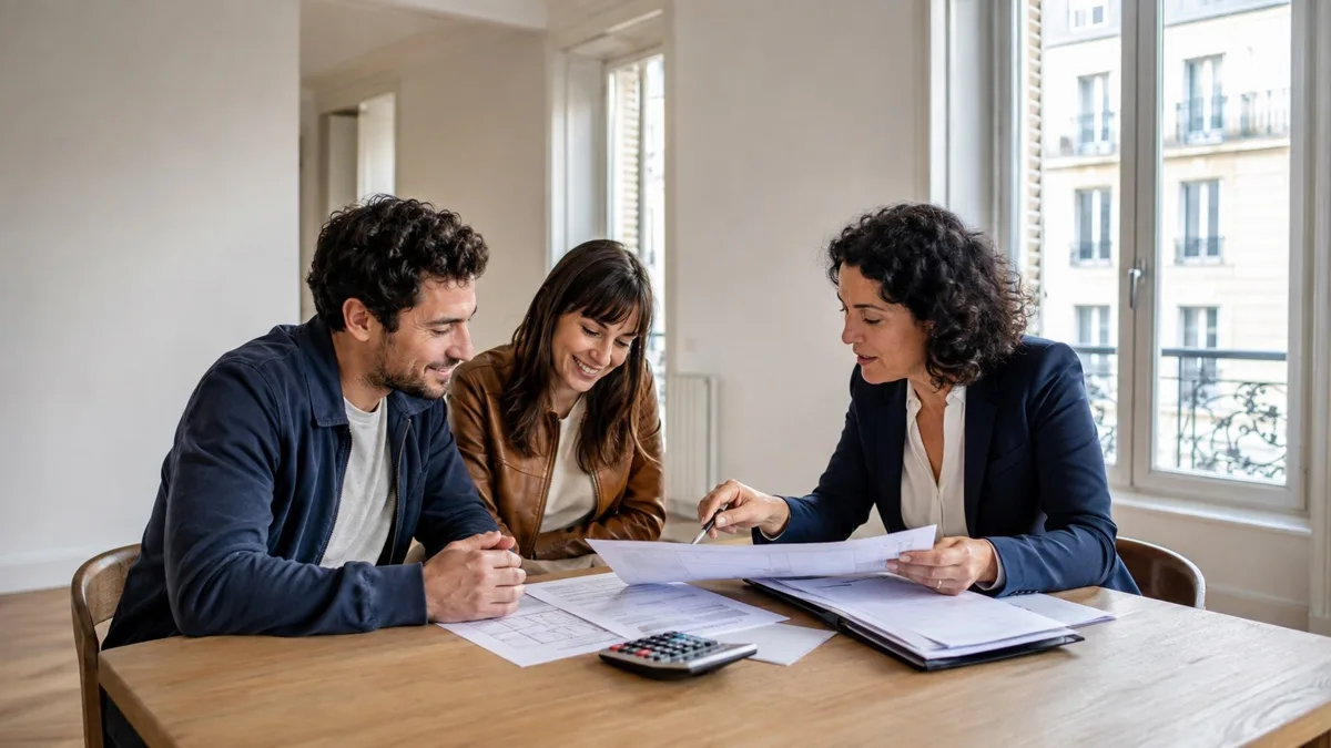 Professionnelle de l’immobilier expliquant le calcul d’un loyer à un propriétaire et une locataire
