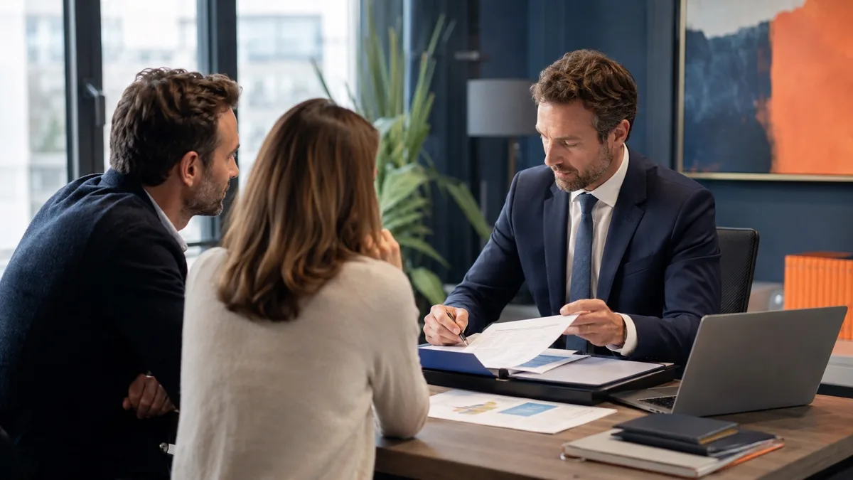 Conseiller immobilier vérifiant un dossier de transaction avec ses clients dans un bureau