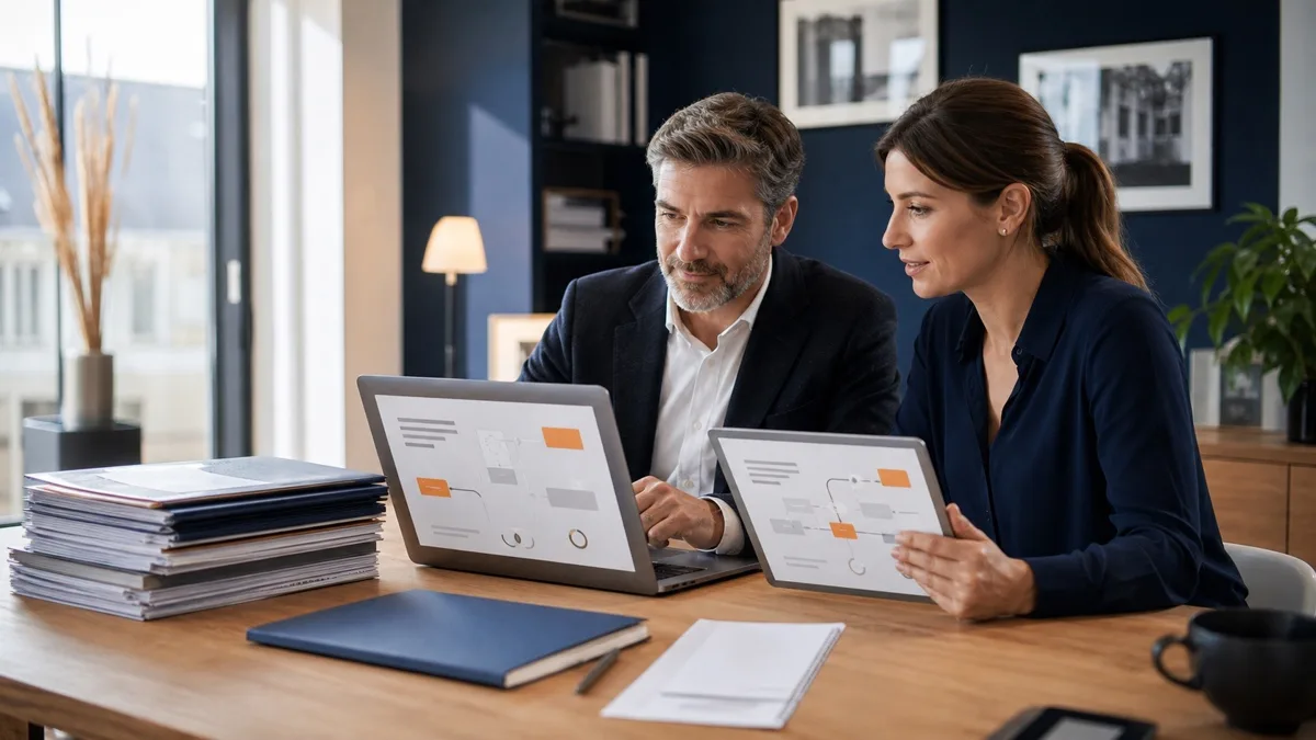 Dirigeants d’agence immobilière préparant leur processus de facturation électronique sur ordinateur et tablette