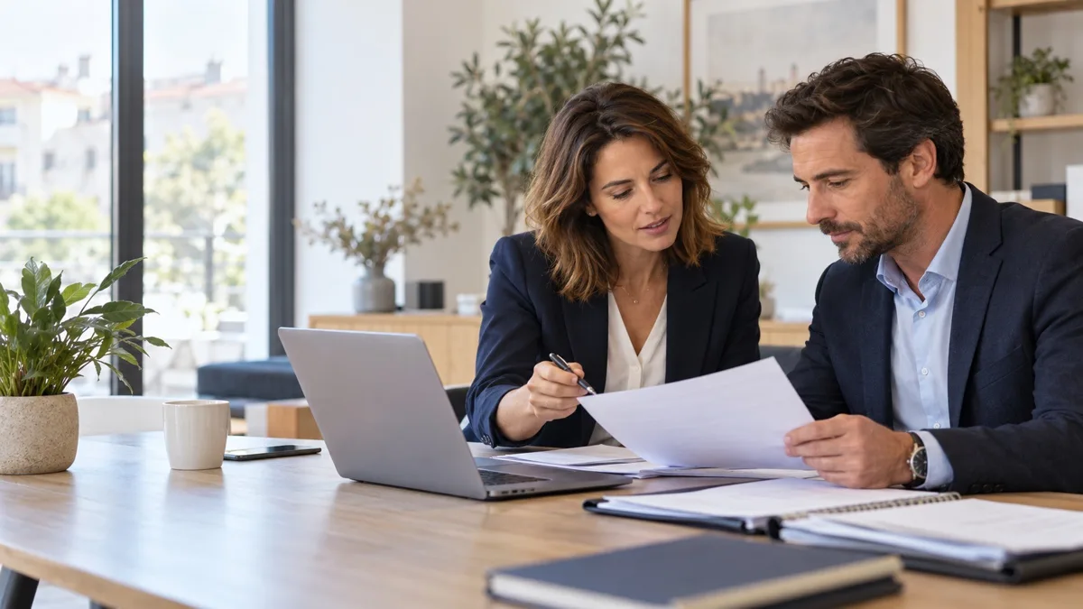 Deux conseillers immobiliers examinent un dossier professionnel avant un changement de réseau