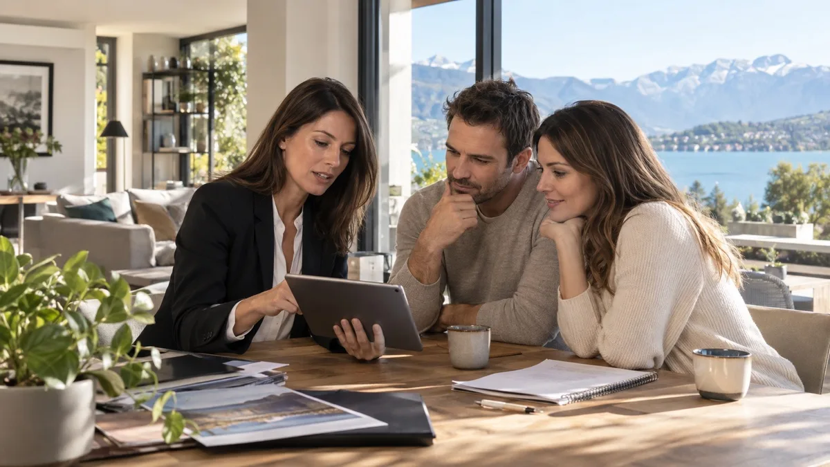 Conseillère immobilière échangeant avec un couple devant le lac d’Annecy