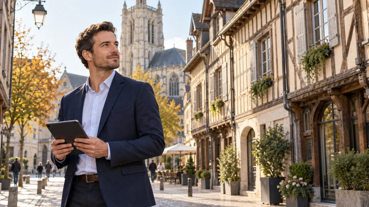 Conseiller immobilier indépendant dans une rue à colombages de Troyes