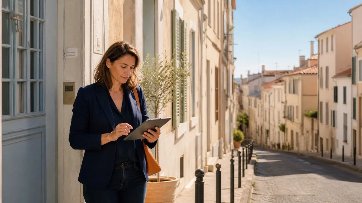 Conseillère immobilière indépendante préparant une visite dans une rue résidentielle de Marseille