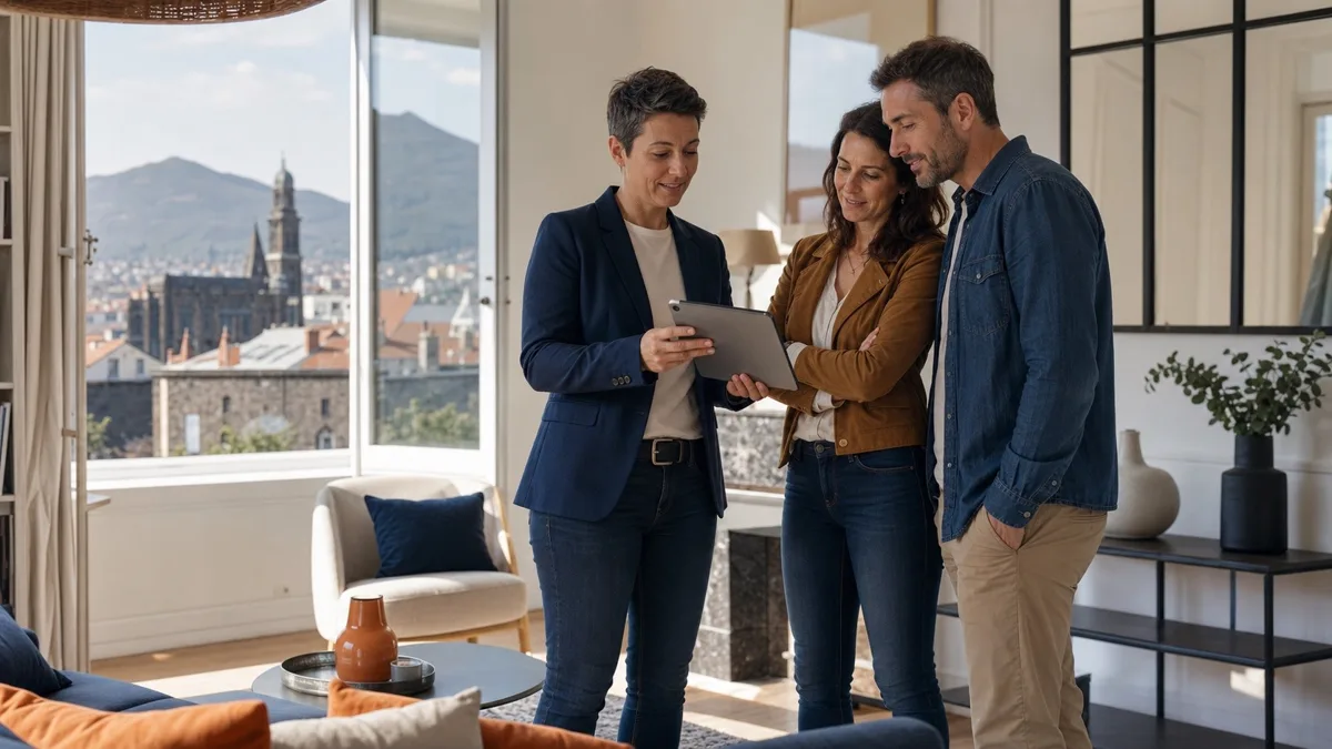 Conseillère immobilière indépendante présentant une estimation à un couple dans un appartement à Clermont-Ferrand