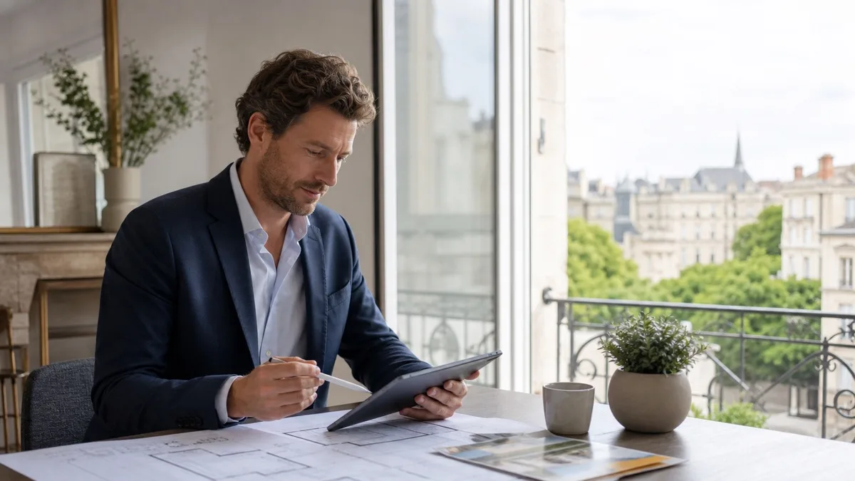 Conseiller immobilier indépendant préparant une estimation dans un appartement lumineux à Angers