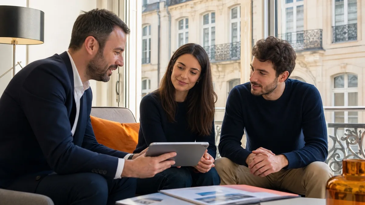 Conseiller immobilier indépendant présentant un dossier de bien à un couple dans un appartement à Nancy