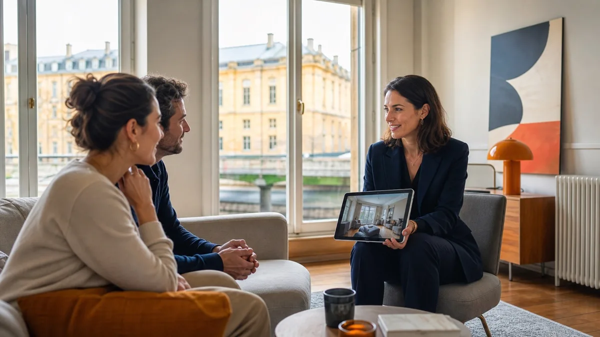 Conseillère immobilière indépendante présentant un bien à un couple dans un appartement lumineux à Metz