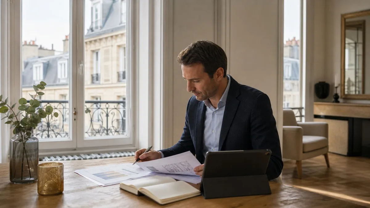 Conseiller immobilier indépendant préparant une estimation dans un appartement lumineux à Reims