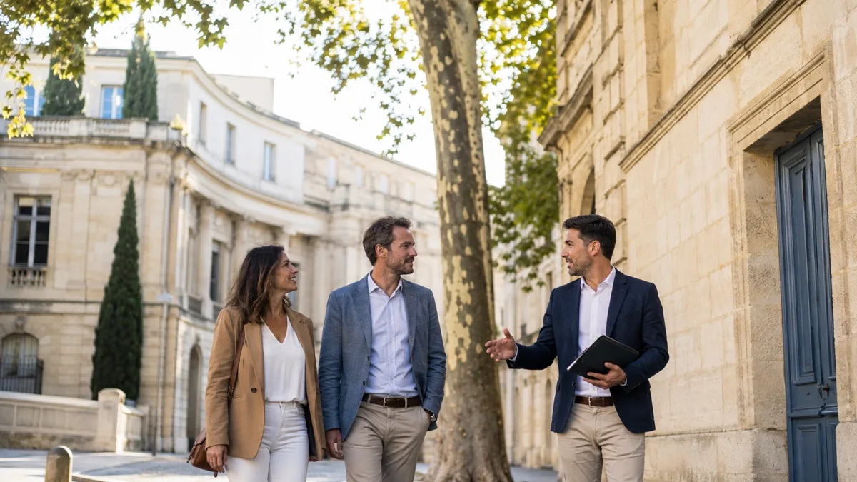 Conseiller immobilier indépendant échangeant avec un couple devant un immeuble en pierre à Nîmes