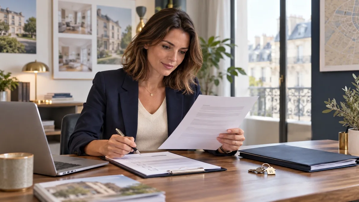 Conseillère immobilière vérifiant son attestation de responsabilité civile professionnelle