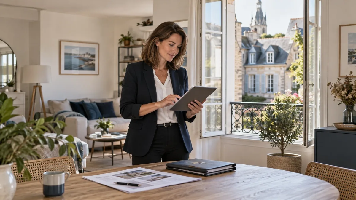 Conseillère immobilière indépendante préparant une estimation dans un appartement lumineux à Vannes