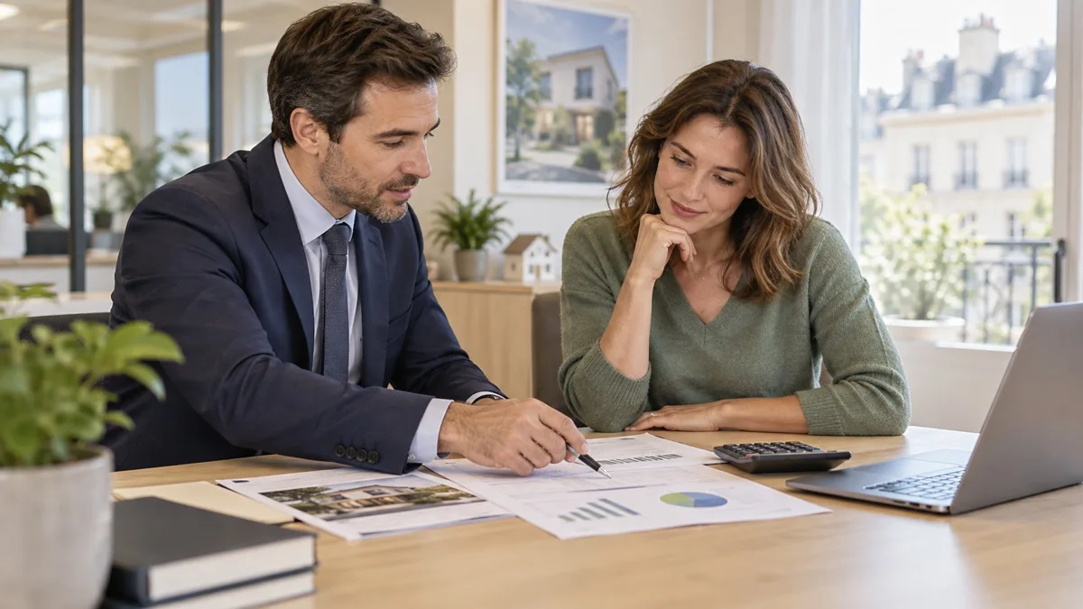 Conseiller en financement analysant un projet de crédit immobilier avec une acquéreuse