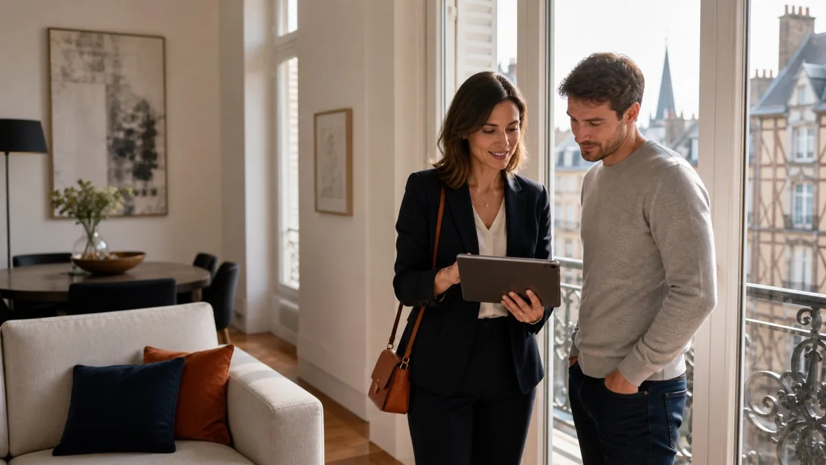 Conseillère immobilière indépendante présentant un bien à un propriétaire dans un appartement à Rennes
