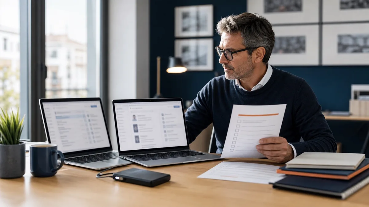Conseiller immobilier préparant méthodiquement la migration de ses données CRM entre deux ordinateurs