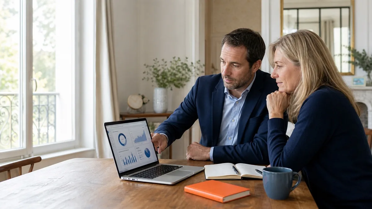 Conseiller immobilier relisant avec une vendeuse un compte rendu préparé grâce à l’intelligence artificielle