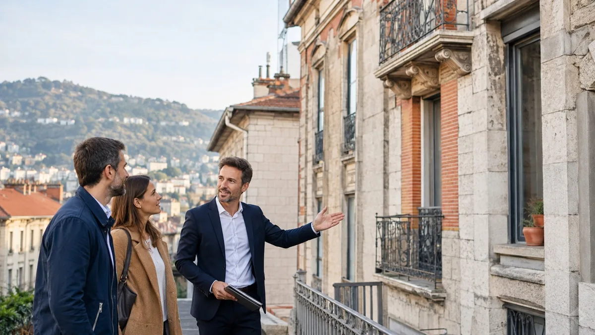 Conseiller immobilier indépendant présentant un appartement à un couple à Saint-Étienne