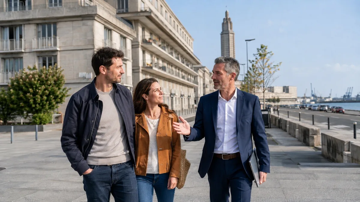 Conseiller immobilier indépendant échangeant avec un couple devant l’architecture du Havre
