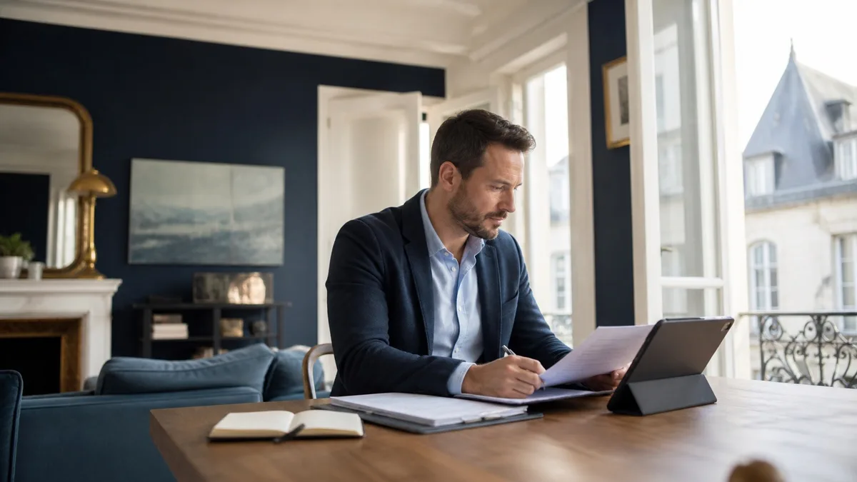 Conseiller immobilier indépendant préparant une estimation dans un appartement lumineux à Orléans