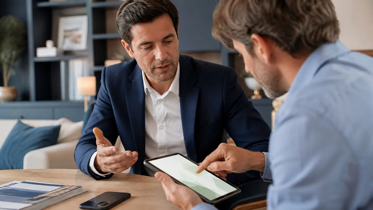 Agent immobilier accompagnant un client pendant la signature électronique sécurisée d’un mandat sur tablette